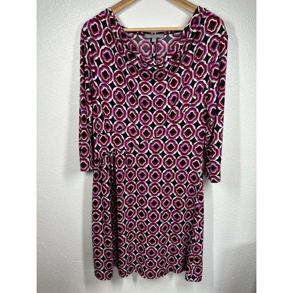 my collection Dress Womens Large Pink Black Geometric Print Cowl Neck 3/4 Sleeve